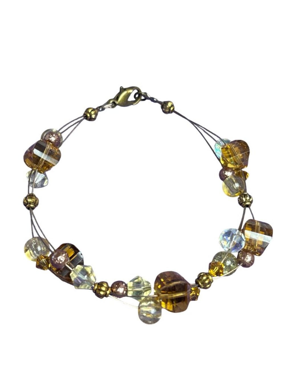 Goldtone Yellow AB Faceted Glass Beaded Wire Bracelet 6.75 inches Long